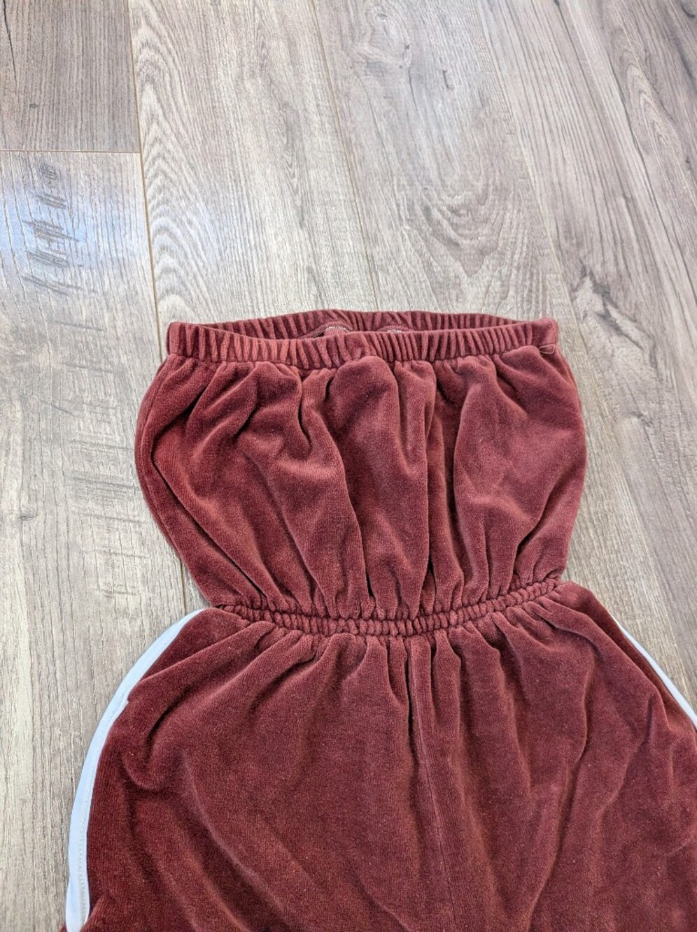 Vintage Brown Velour Strapless Shorts Romper with White Trim - Picture 4 of 11